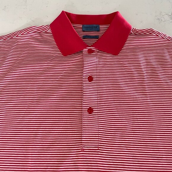 Dockers Tour Athletic SS Striped 3 Button Cotton Polo Shirt Red White Sz S NWOT - Picture 2 of 11